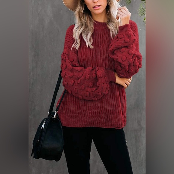Oversized Crewneck Long Puff Sleeve Chunky Knit Pullover Sweater - Picture 4 of 6